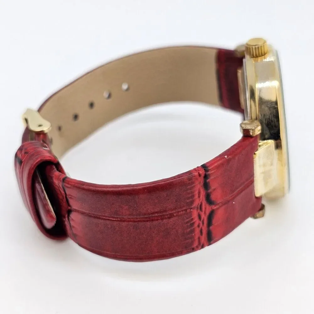 Women's Watch 38MM Cream Dial Roman‎ Numerals Red Faux Leather Bands New Battery